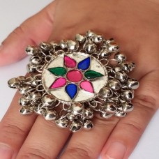 Afghan tribal white silver sun Ring with bells # 1091